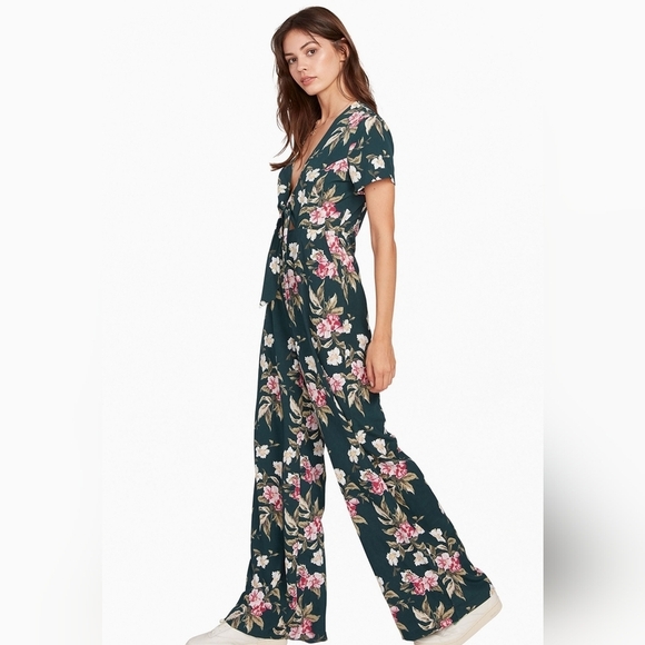 Volcom Pants - NWOT Volcom Haute Tropic Wide Leg Floral Jumpsuit Pant Suit Dark Green Size XS